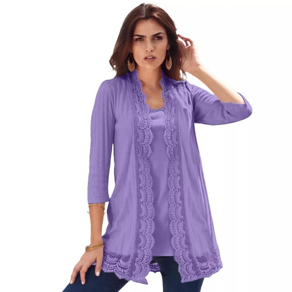 Roaman's Crochet Trim Pointelle Purple Cardigan - XL - Picture 7 of 9